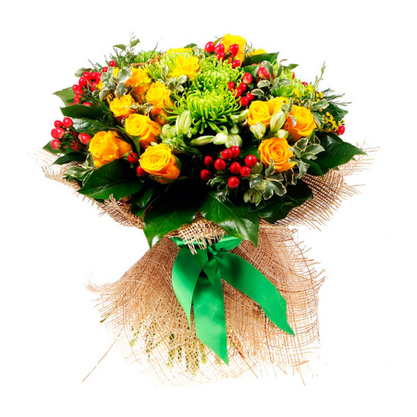 картинка Букет из розы хризантемы и зелени от магазина Цветов
